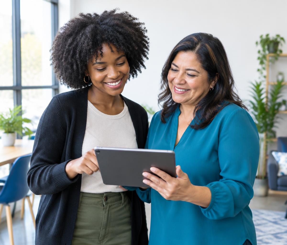 A career mentor supporting a young professional as they review a tablet together